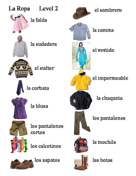 spanish clothing word bank level chart teacherspayteachers