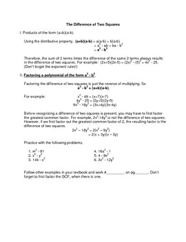 Generalizing Patterns the Difference of 2 Squares Complete Lesson MAP